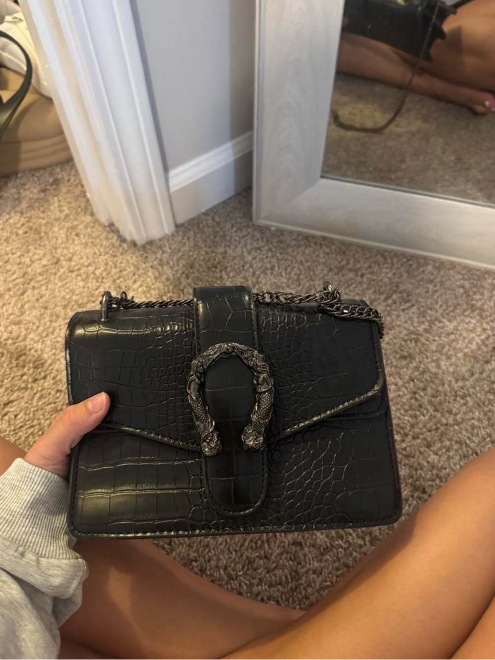 Black Croc-Embossed Shoulder Bag with Chain Strap